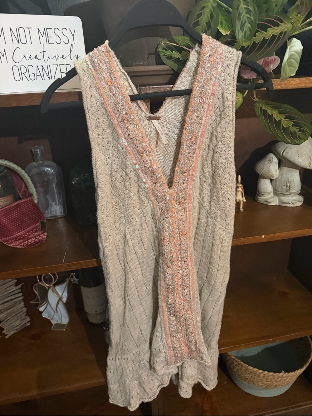 Free People Beige Knit V‑Neck Sweater Vest with Peach Embellish